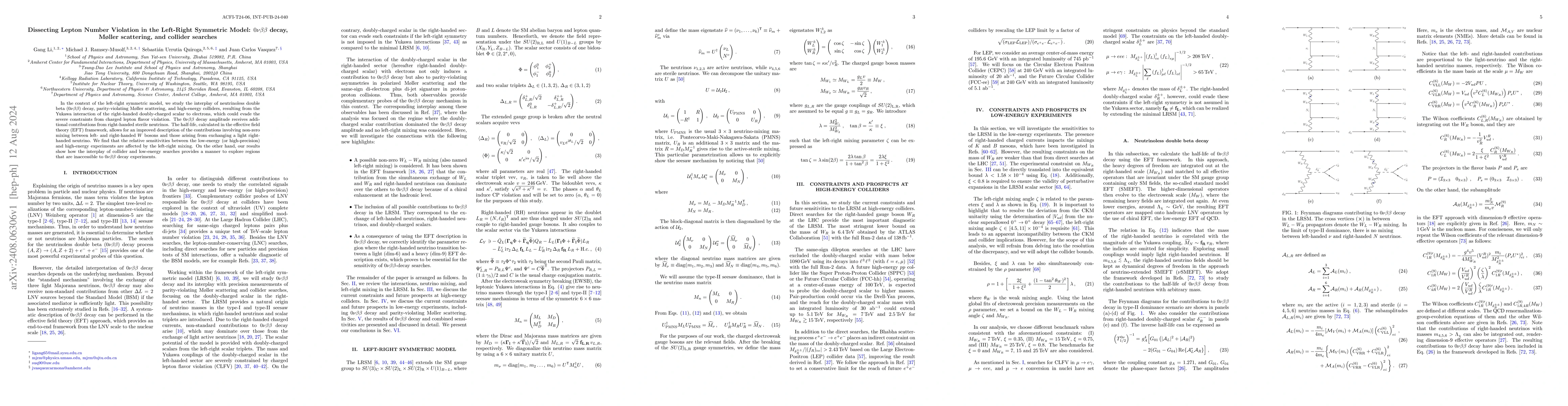 Thumbnail for Dissecting Lepton Number Violation in the Left-Right Symmetric Model:
  $0νββ$ decay, Møller scattering, and collider searches