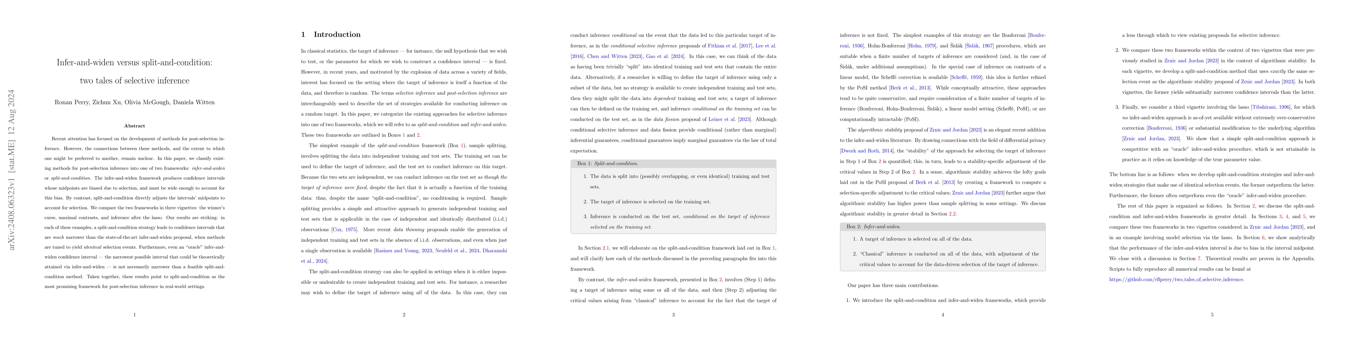 Thumbnail for Infer-and-widen versus split-and-condition: two tales of selective
  inference