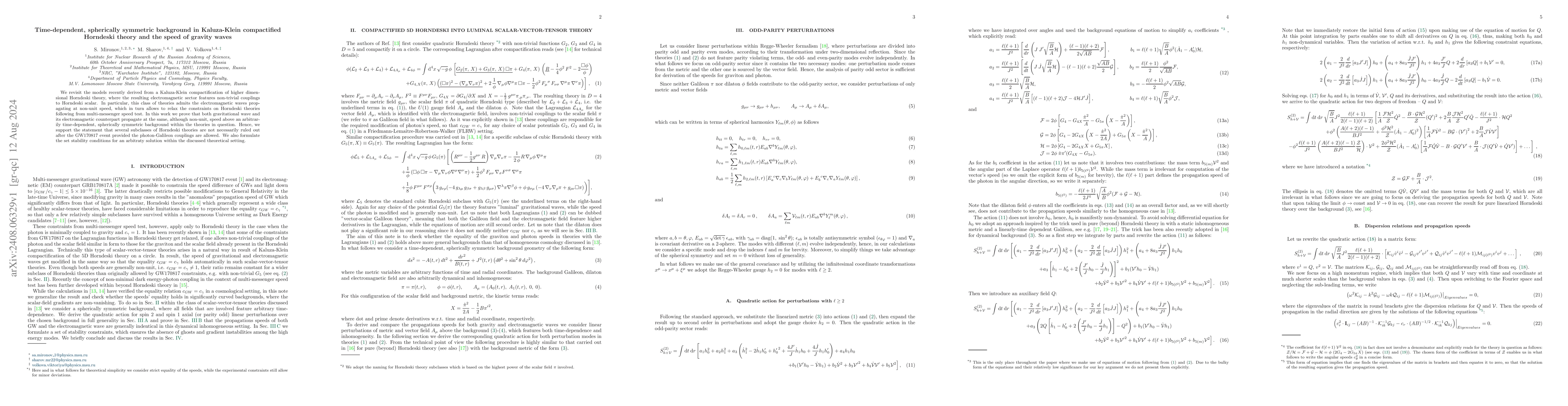 Thumbnail for Time-dependent, spherically symmetric background in Kaluza-Klein
  compactified Horndeski theory and the speed of gravity waves