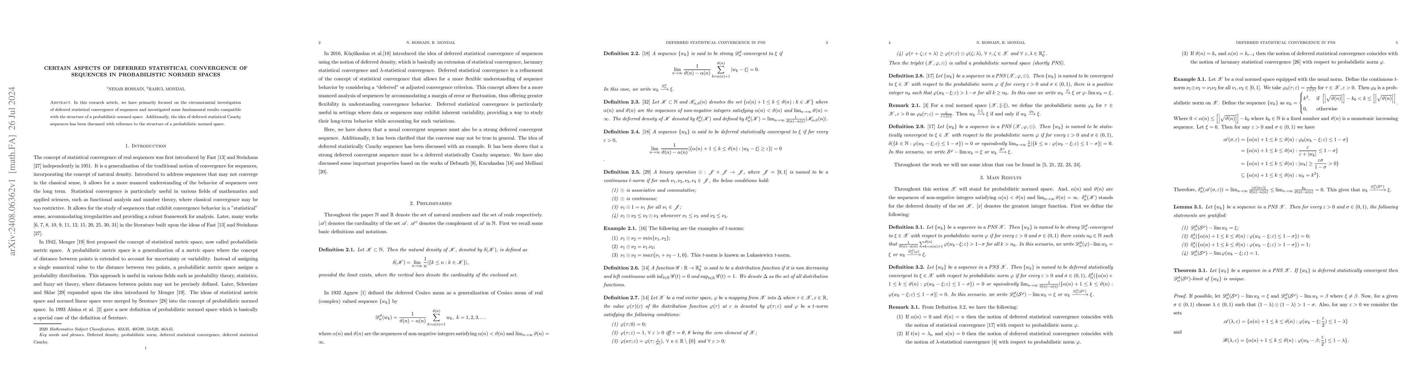 Thumbnail for Certain Aspects of Deferred Statistical Convergence of Sequences in
  Probabilistic Normed Spaces
