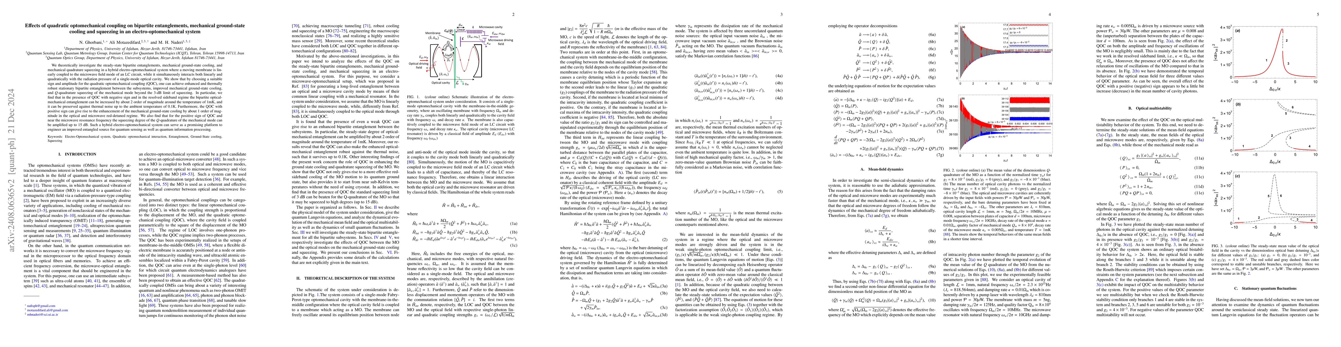 Thumbnail for Effects of Quadratic Optomechanical Coupling on Bipartite Entanglements,
  Mechanical Ground-State Cooling and Squeezing in an Electro-Optomechanical
  System