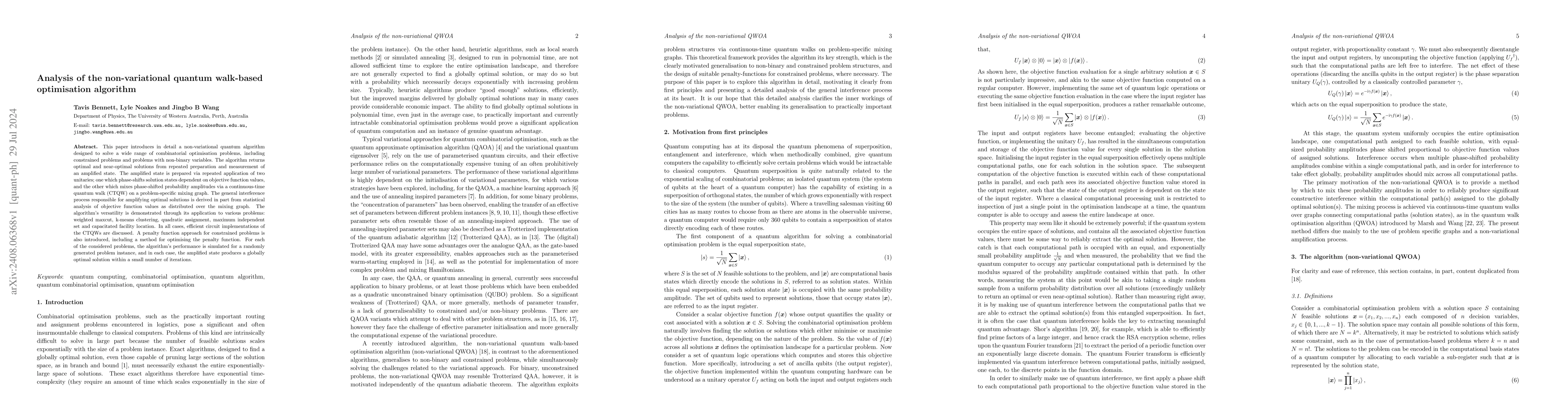 Thumbnail for Analysis of the Non-variational Quantum Walk-based Optimisation
  Algorithm