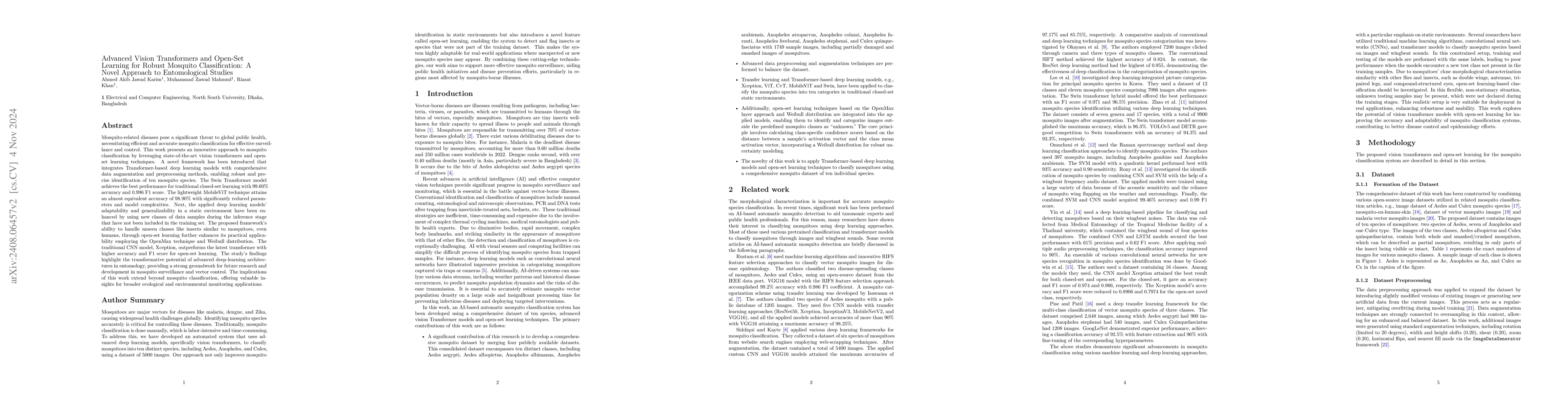 Thumbnail for Advanced Vision Transformers and Open-Set Learning for Robust Mosquito
  Classification: A Novel Approach to Entomological Studies