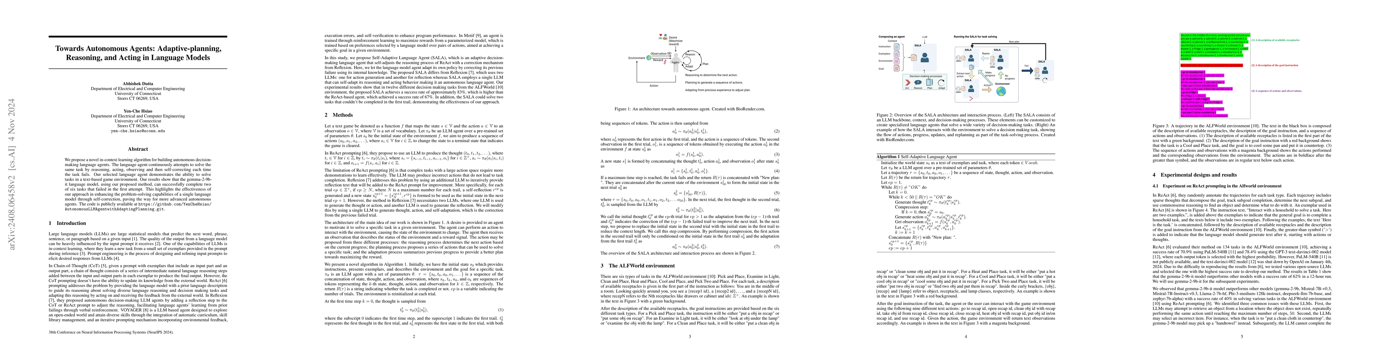 Thumbnail for Towards Autonomous Agents: Adaptive-planning, Reasoning, and Acting in
  Language Models