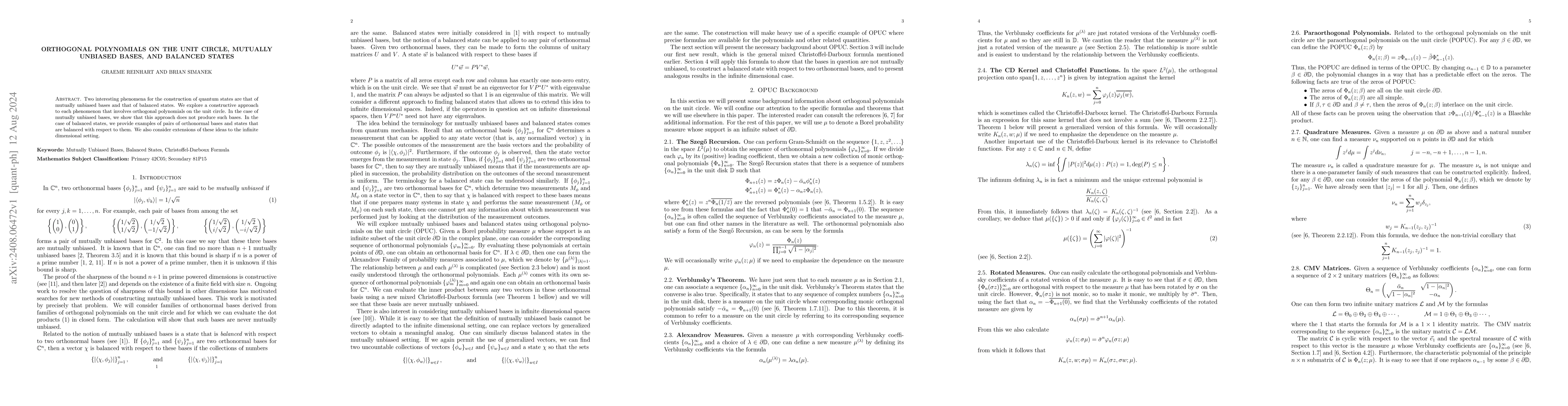 Thumbnail for Orthogonal Polynomials on the Unit Circle, Mutually Unbiased Bases, and
  Balanced States