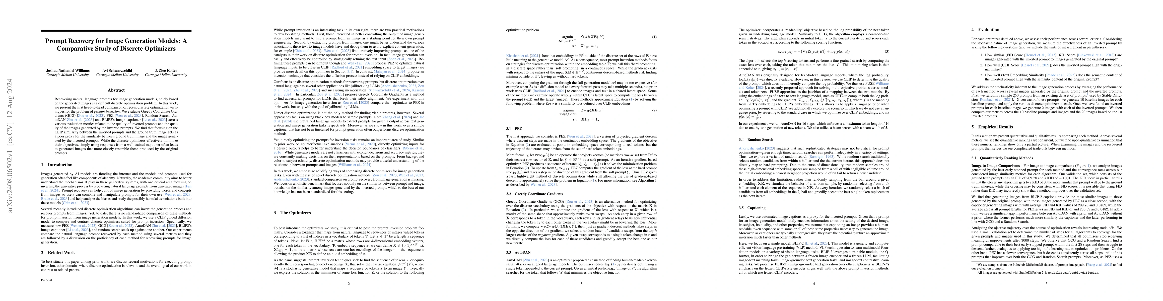 Thumbnail for Prompt Recovery for Image Generation Models: A Comparative Study of
  Discrete Optimizers