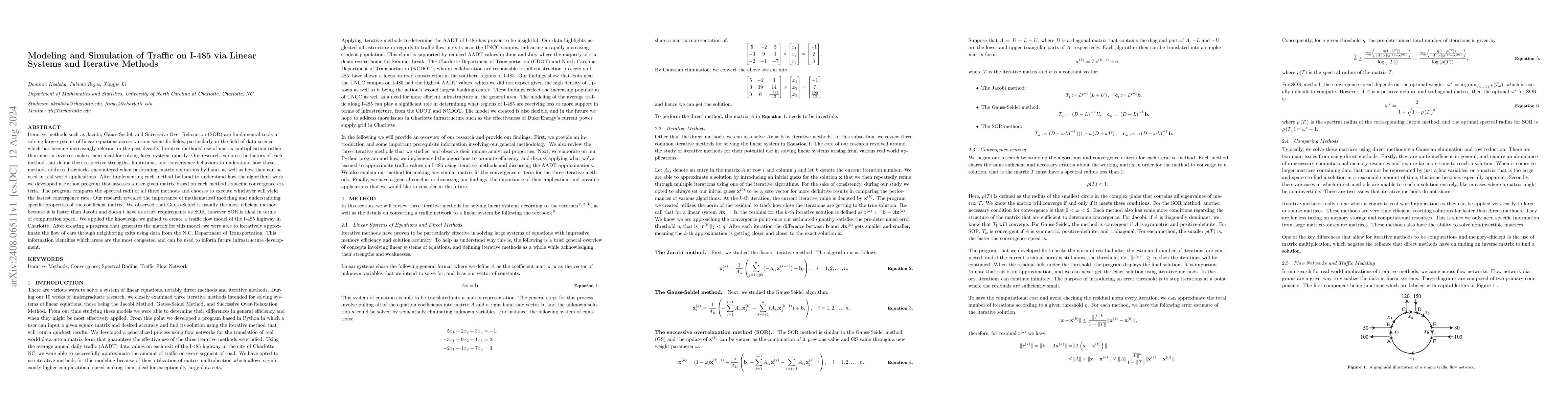 Thumbnail for Modeling and Simulation of Traffic on I-485 via Linear Systems and
  Iterative Methods