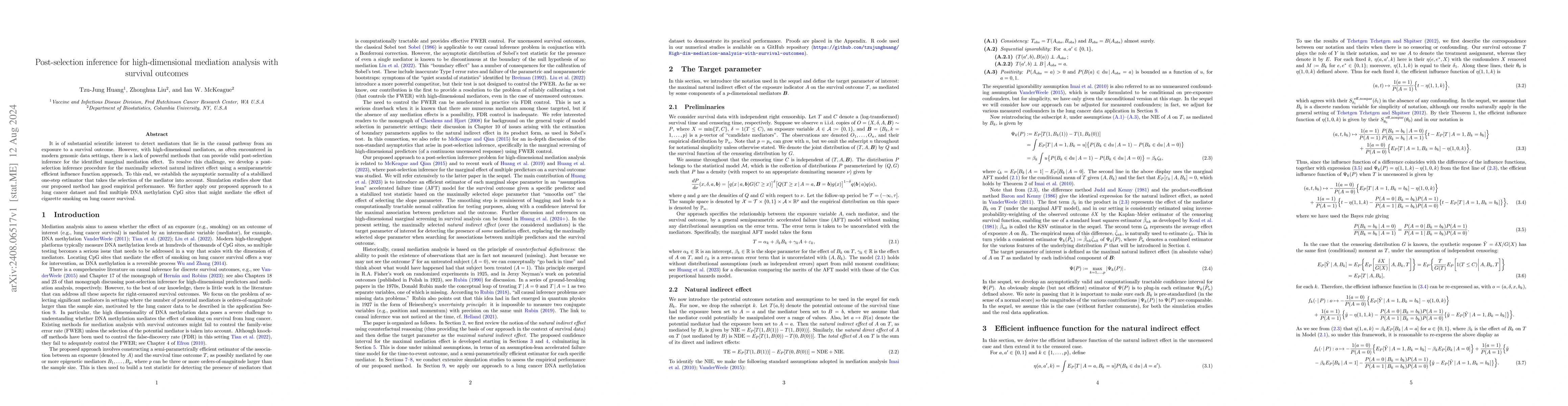 Thumbnail for Post-selection inference for high-dimensional mediation analysis with
  survival outcomes