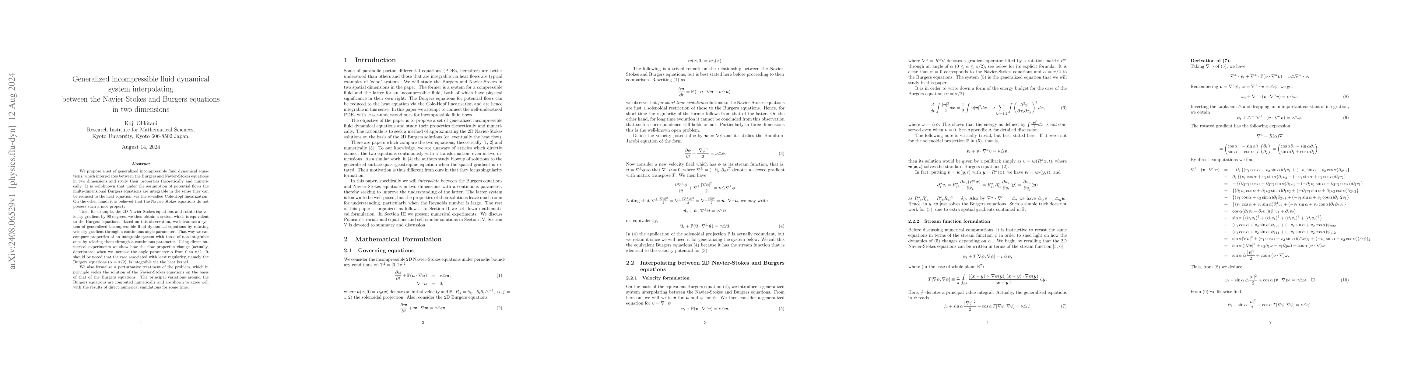 Thumbnail for Generalized incompressible fluid dynamical system interpolating between
  the Navier-Stokes and Burgers equations in two dimensions