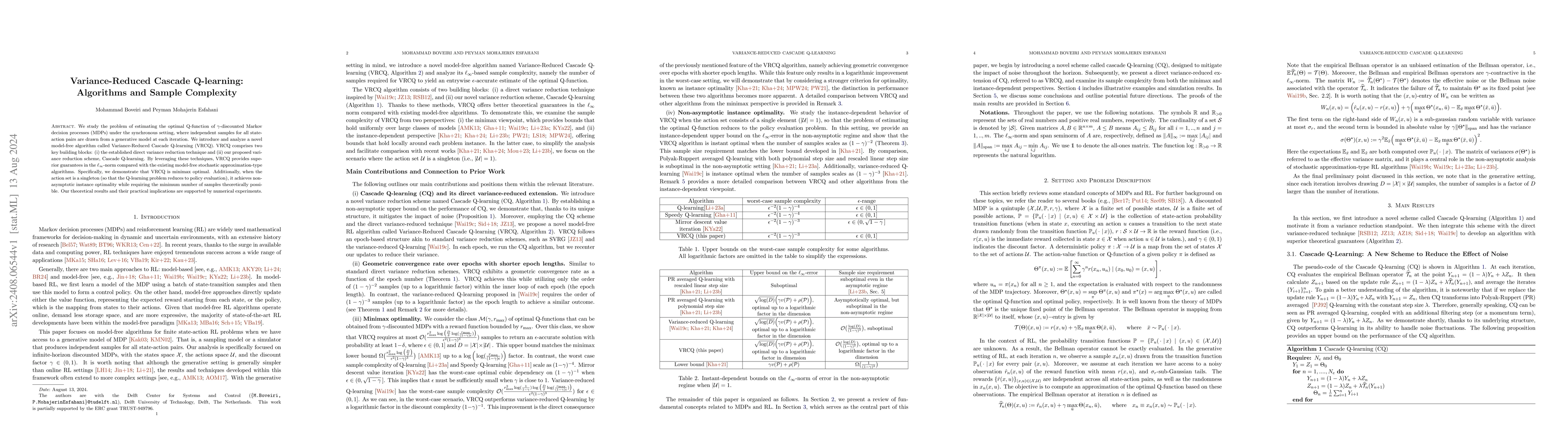 Thumbnail for Variance-Reduced Cascade Q-learning: Algorithms and Sample Complexity
