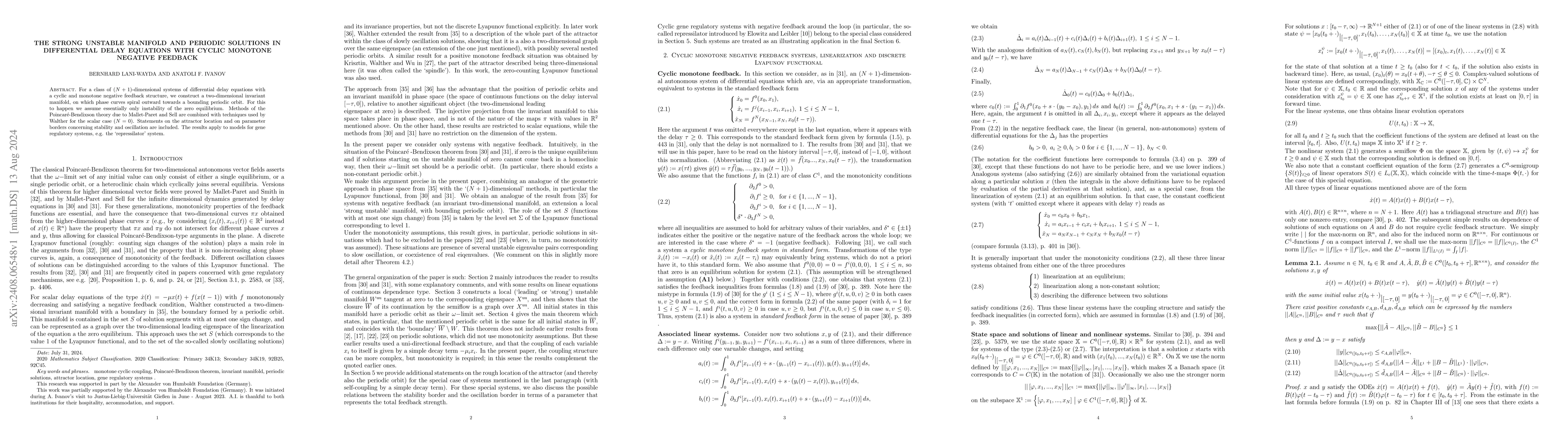 Thumbnail for The strong unstable manifold and periodic solutions in differential
  delay equations with cyclic monotone negative feedbck