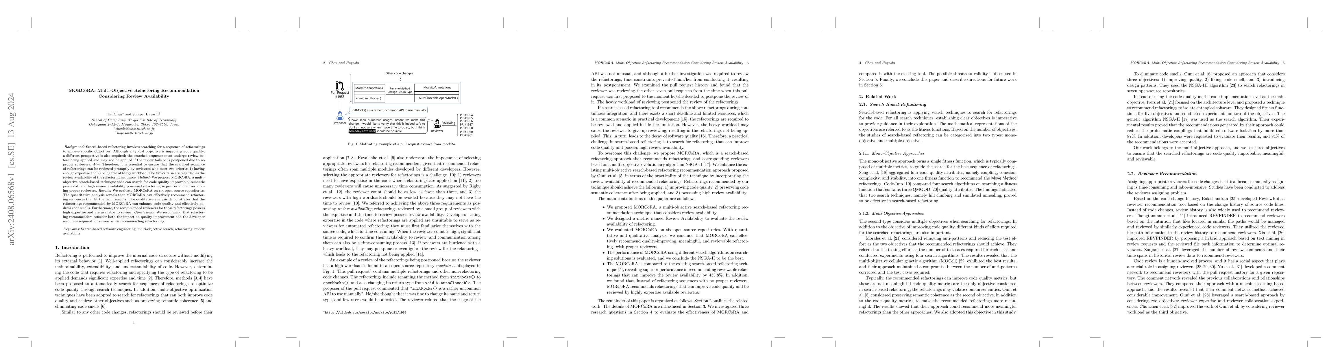 Thumbnail for MORCoRA: Multi-Objective Refactoring Recommendation Considering Review
  Availability