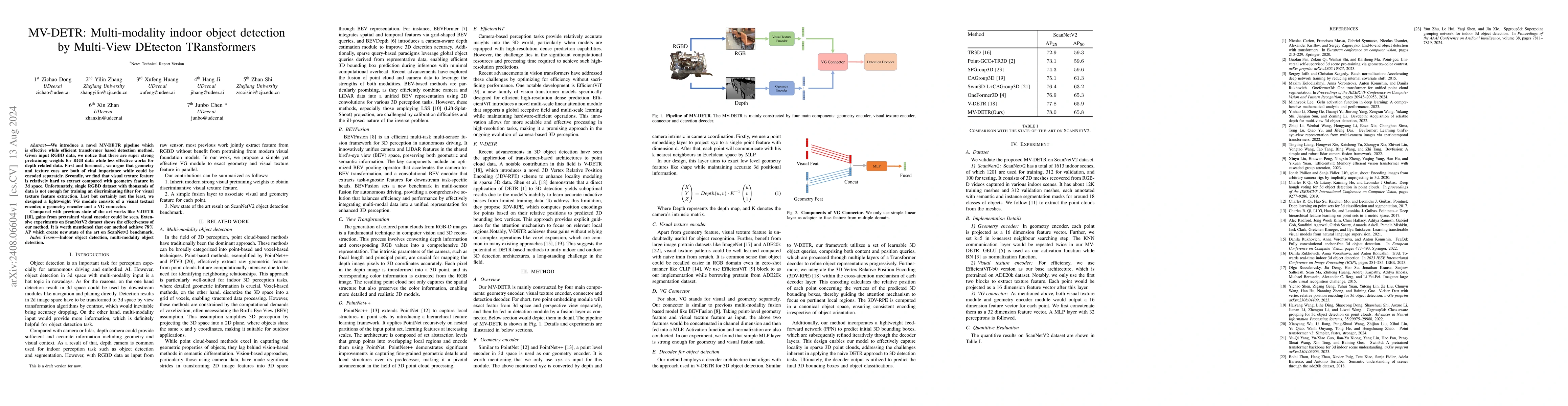 Thumbnail for MV-DETR: Multi-modality indoor object detection by Multi-View DEtecton
  TRansformers