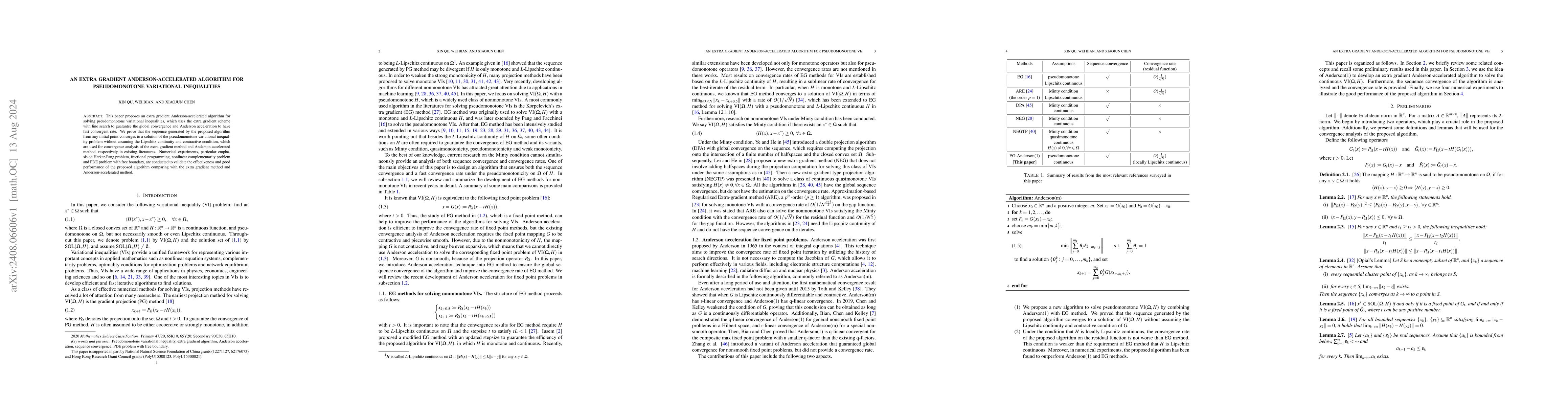 Thumbnail for An extra gradient Anderson-accelerated algorithm for pseudomonotone
  variational inequalities