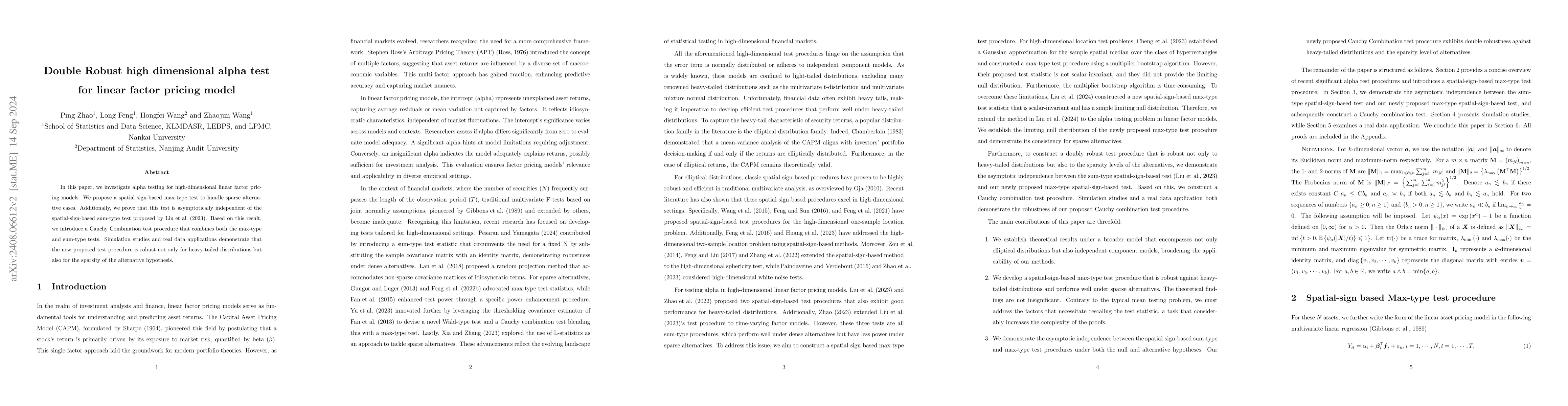 Thumbnail for Double Robust high dimensional alpha test for linear factor pricing
  model