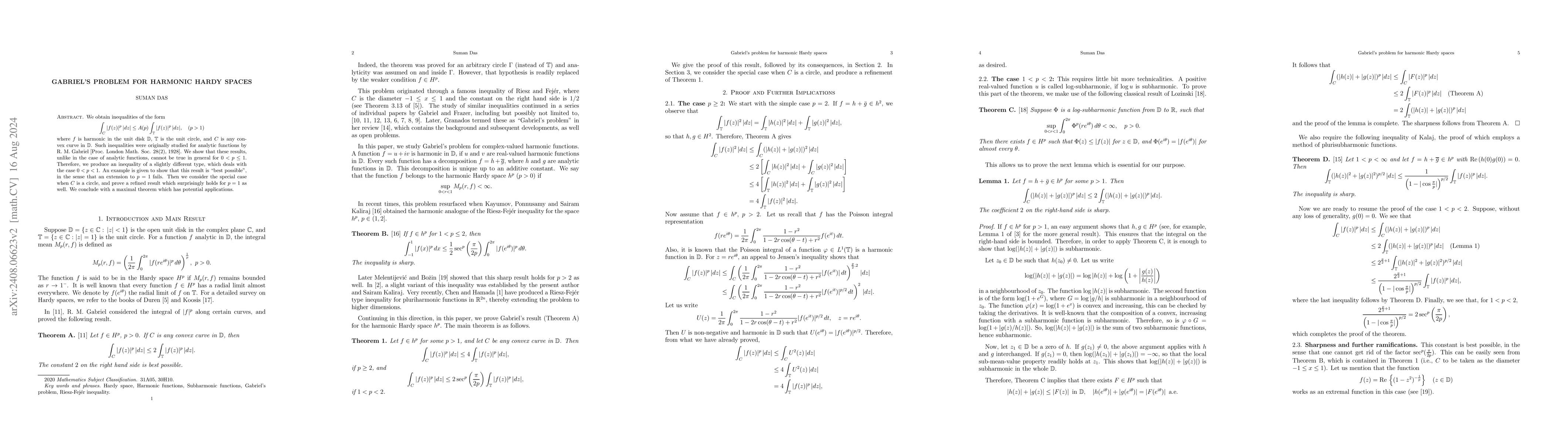 Thumbnail for Gabriel's problem for harmonic Hardy spaces