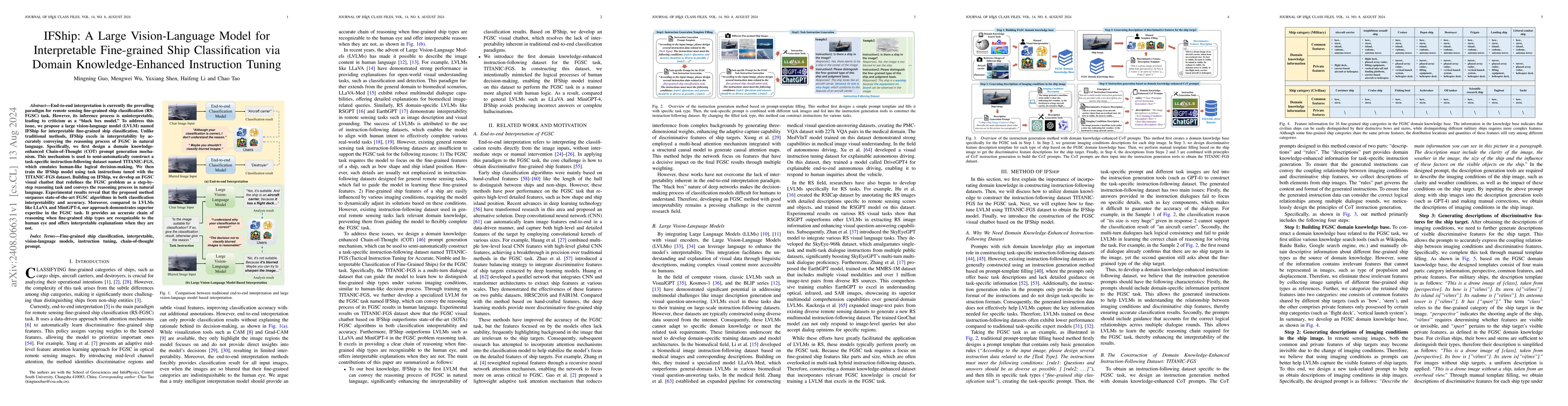 Thumbnail for IFShip: A Large Vision-Language Model for Interpretable Fine-grained
  Ship Classification via Domain Knowledge-Enhanced Instruction Tuning