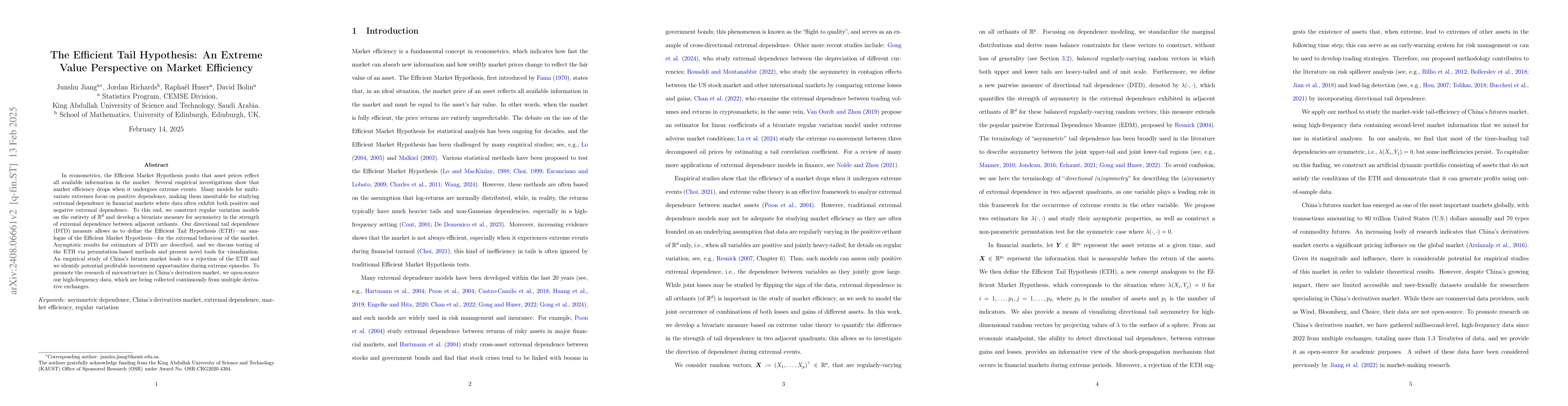 Thumbnail for The Efficient Tail Hypothesis: An Extreme Value Perspective on Market
  Efficiency