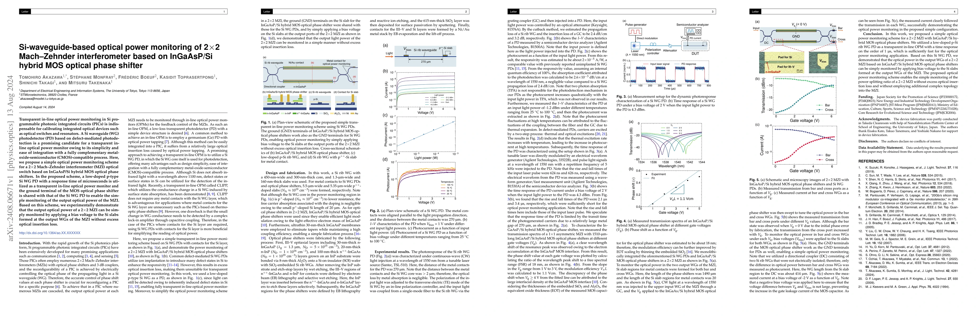 Thumbnail for Si-waveguide-based optical power monitoring of 2$\times$2
  Mach$\unicode{x2013}$Zehnder interferometer based on InGaAsP/Si hybrid MOS
  optical phase shifter