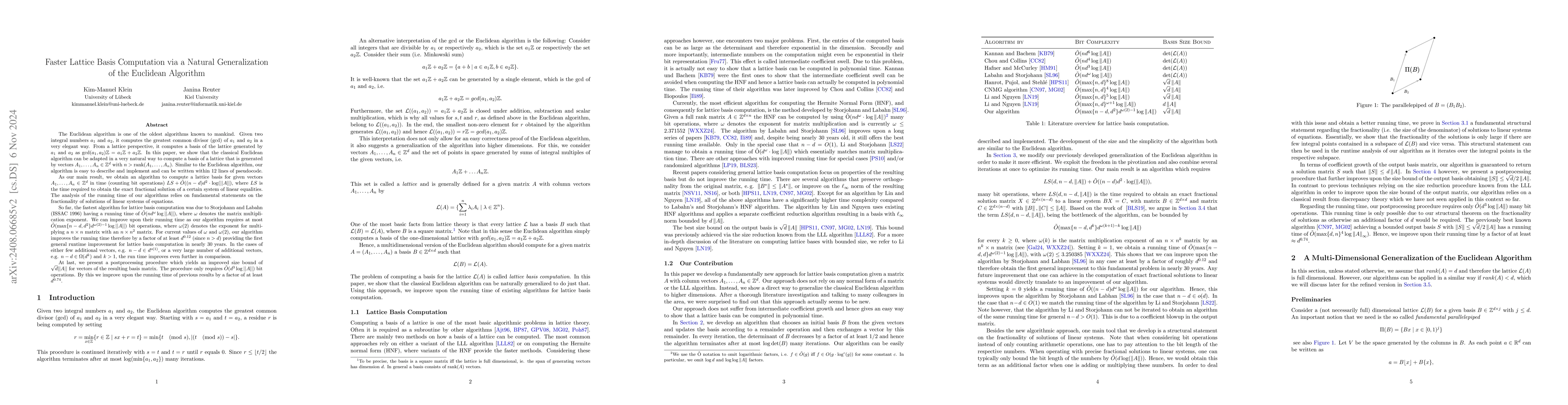Thumbnail for Faster Lattice Basis Computation via a Natural Generalization of the
  Euclidean Algorithm