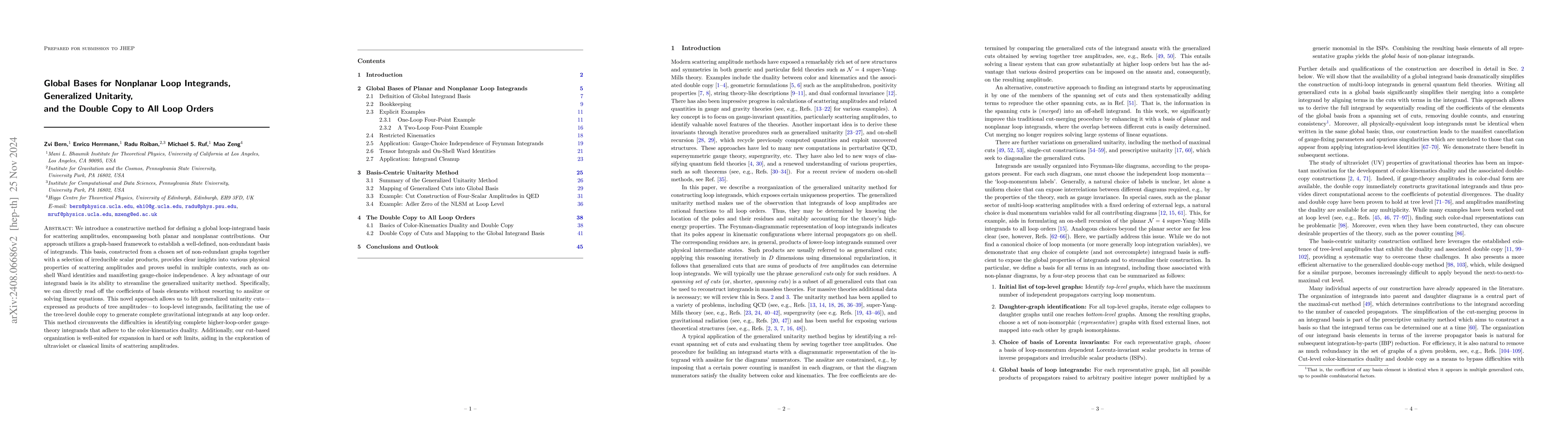 Thumbnail for Global Bases for Nonplanar Loop Integrands, Generalized Unitarity, and
  the Double Copy to All Loop Orders