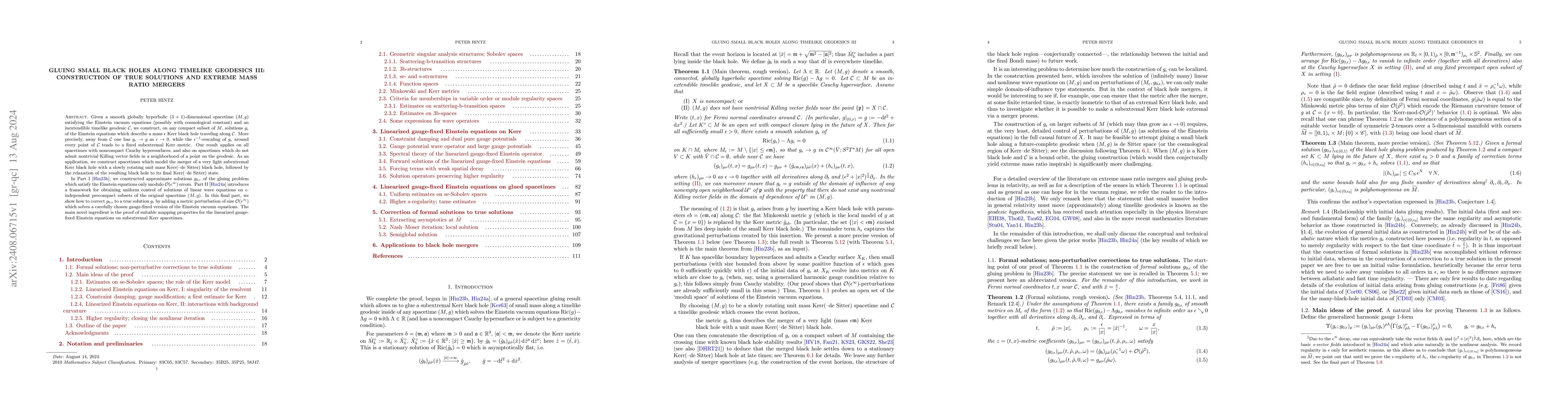 Thumbnail for Gluing small black holes along timelike geodesics III: construction of
  true solutions and extreme mass ratio mergers