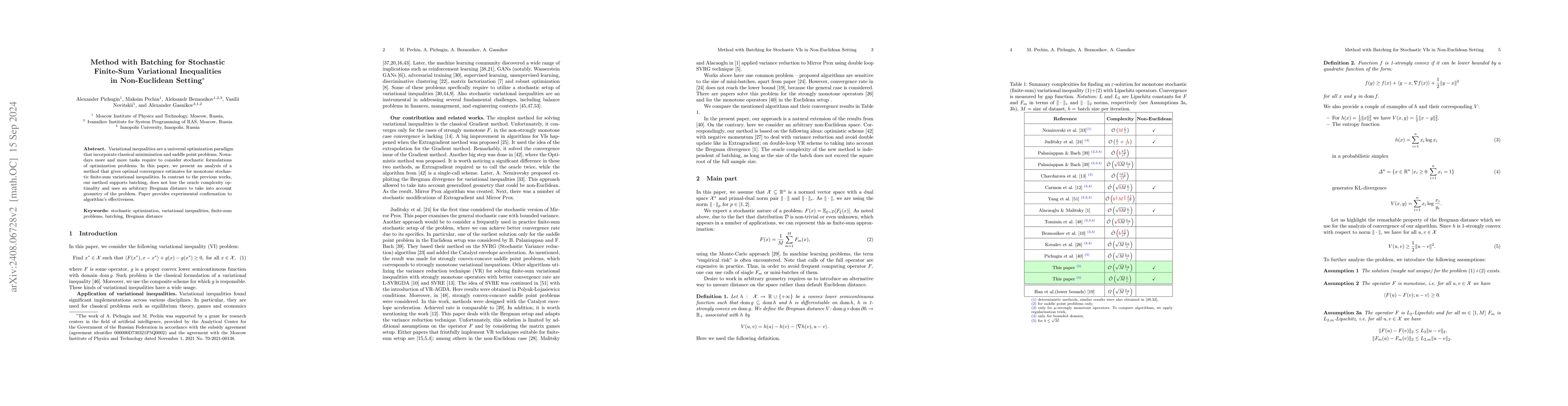 Thumbnail for Method with Batching for Stochastic Finite-Sum Variational Inequalities
  in Non-Euclidean Setting