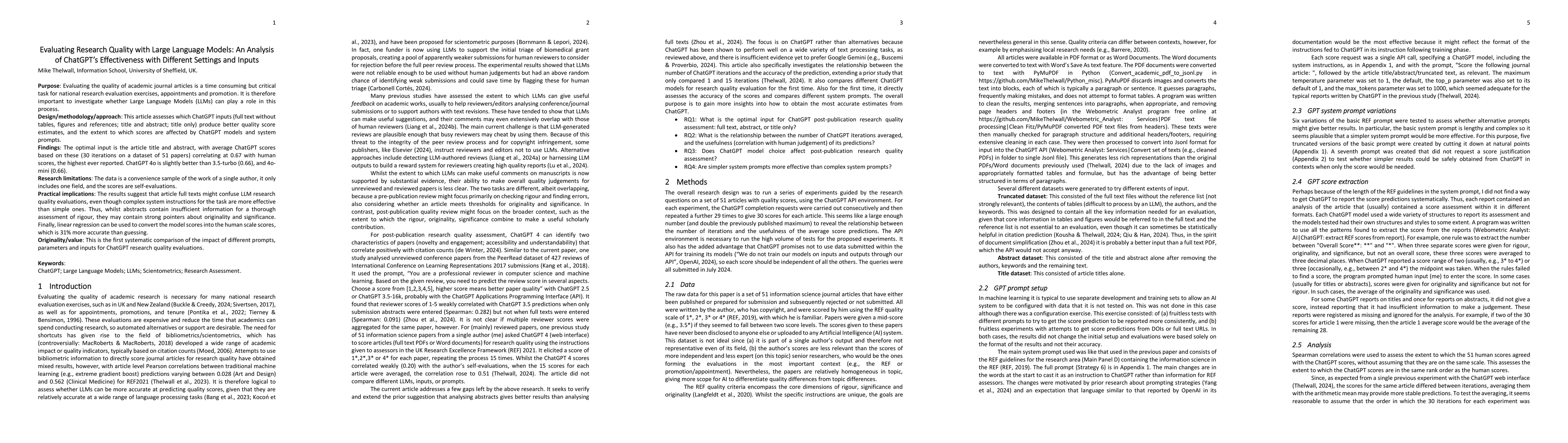 Thumbnail for Evaluating Research Quality with Large Language Models: An Analysis of
  ChatGPT's Effectiveness with Different Settings and Inputs