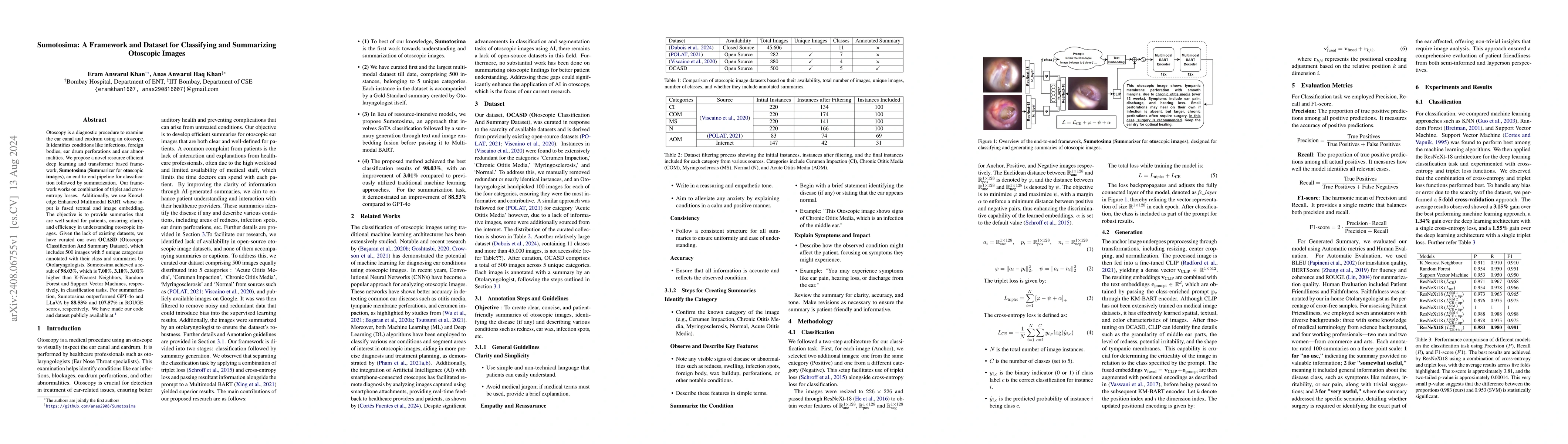 Thumbnail for Sumotosima: A Framework and Dataset for Classifying and Summarizing
  Otoscopic Images