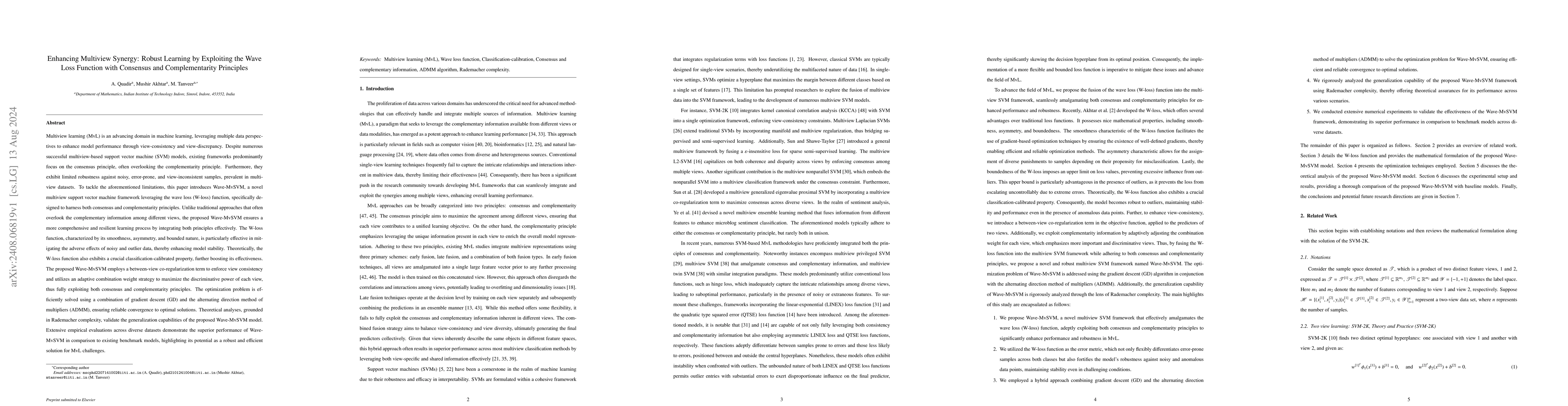 Thumbnail for Enhancing Multiview Synergy: Robust Learning by Exploiting the Wave Loss
  Function with Consensus and Complementarity Principles