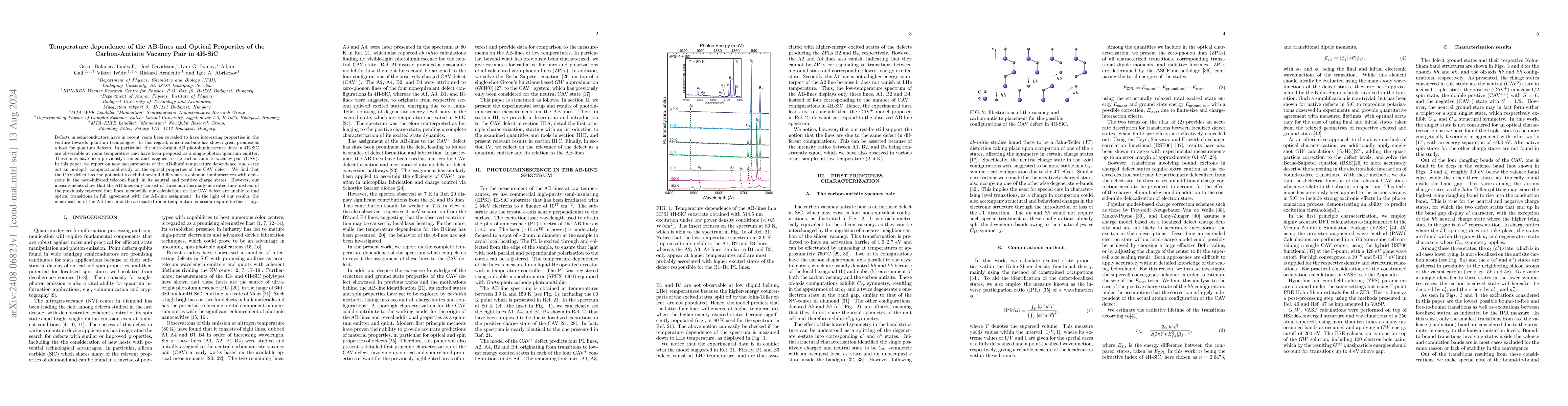 Thumbnail for Temperature dependence of the AB-lines and Optical Properties of the
  Carbon-Antisite Vacancy Pair in 4H-SiC