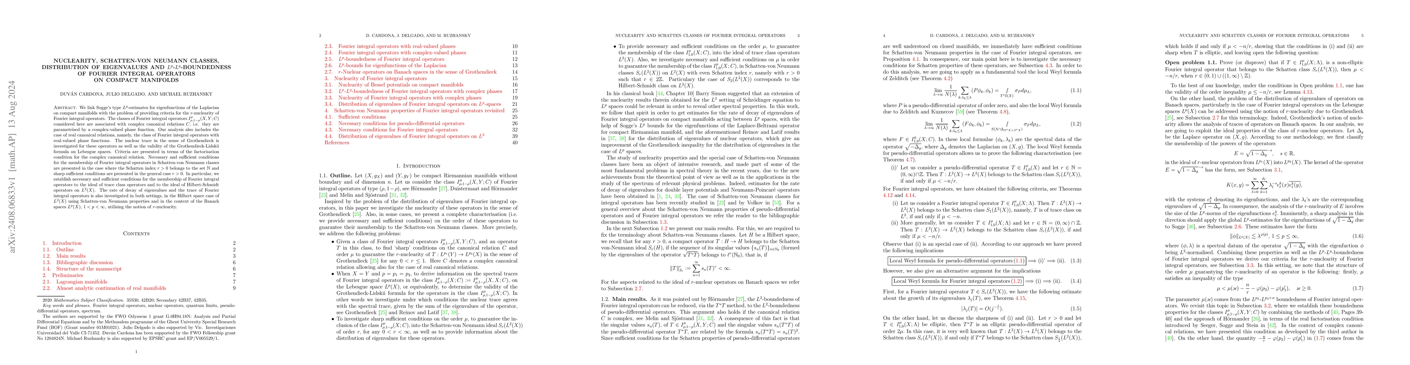 Thumbnail for Nuclearity, Schatten-von Neumann classes, distribution of eigenvalues
  and $L^p$-$L^q$-boundedness of Fourier integral operators on compact
  manifolds