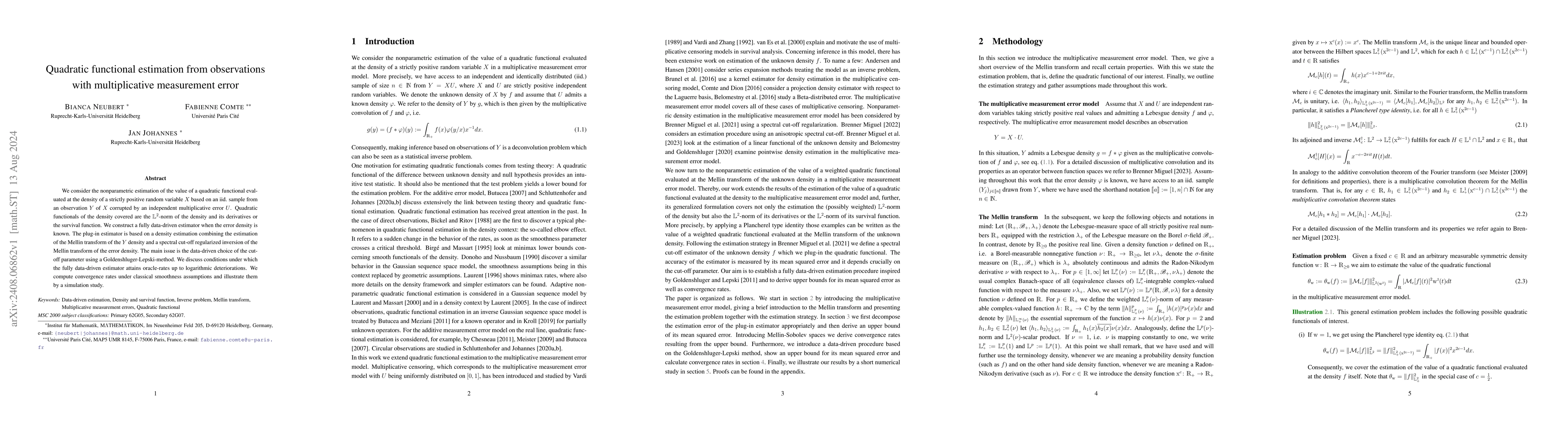 Thumbnail for Quadratic functional estimation from observations with multiplicative
  measurement error