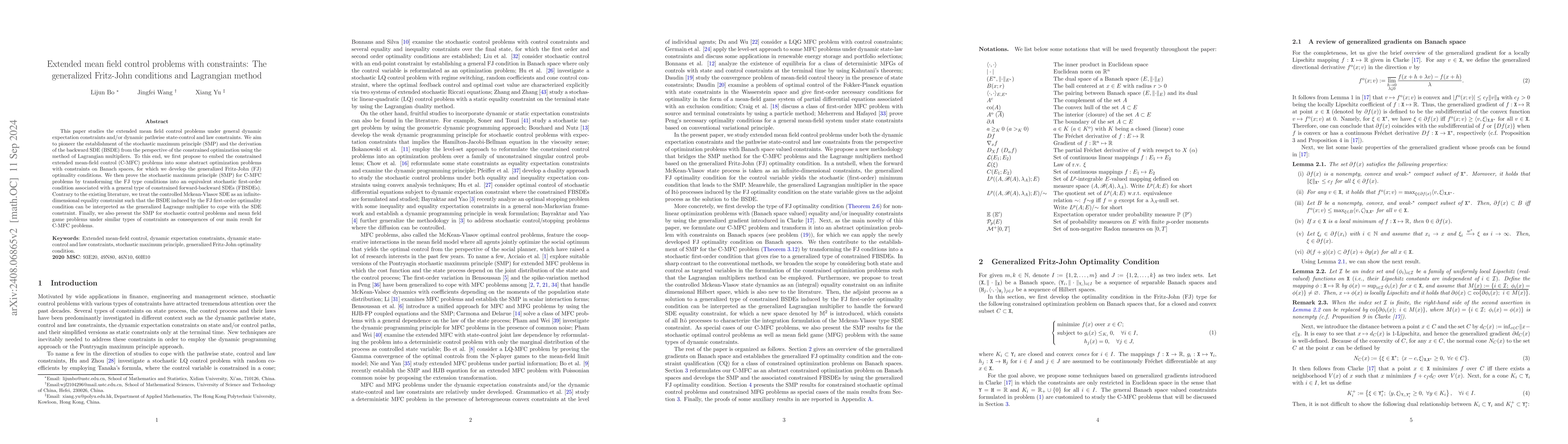 Thumbnail for Extended mean field control problems with constraints: The generalized
  Fritz-John conditions and Lagrangian method