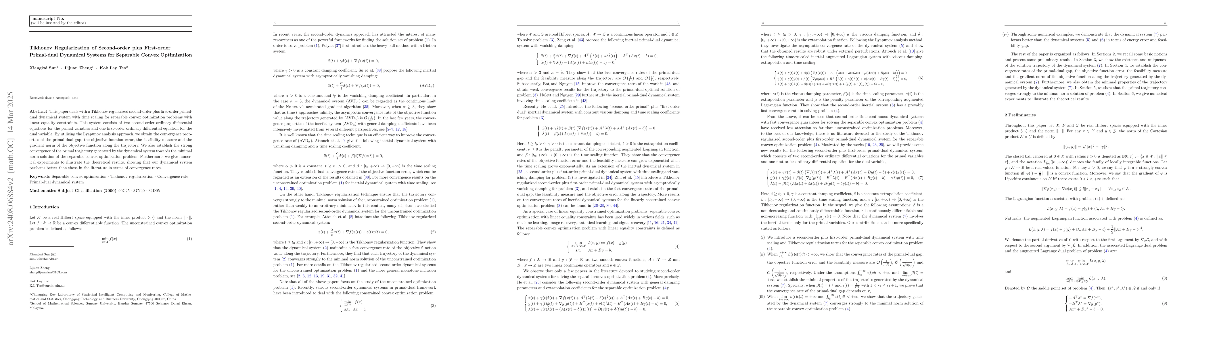Thumbnail for Tikhonov regularization of second-order plus first-order primal-dual
  dynamical systems for separable convex optimization