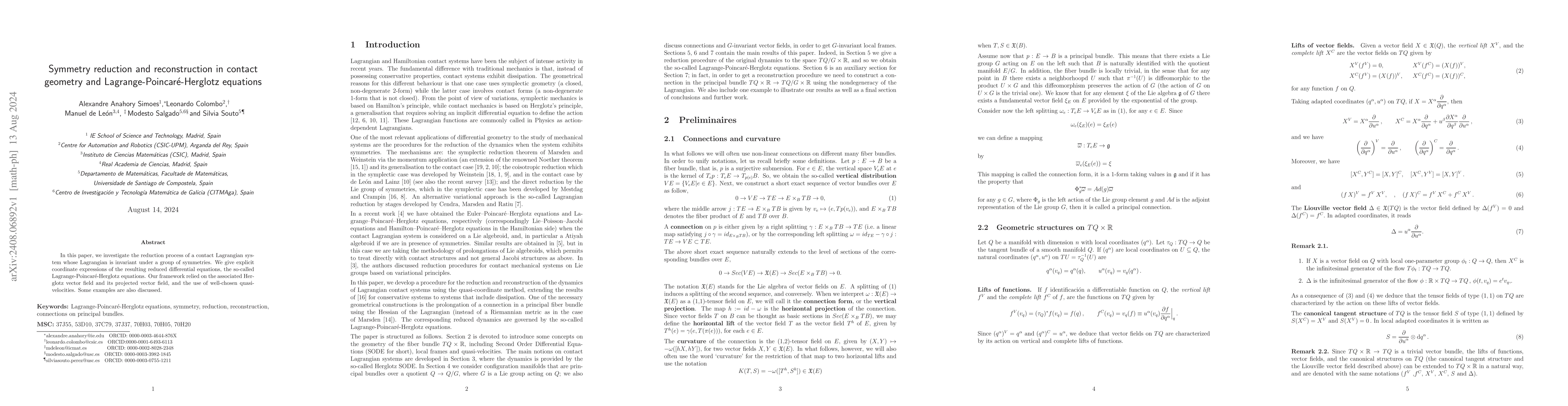 Thumbnail for Symmetry reduction and reconstruction in contact geometry and
  Lagrange-Poincaré-Herglotz equations