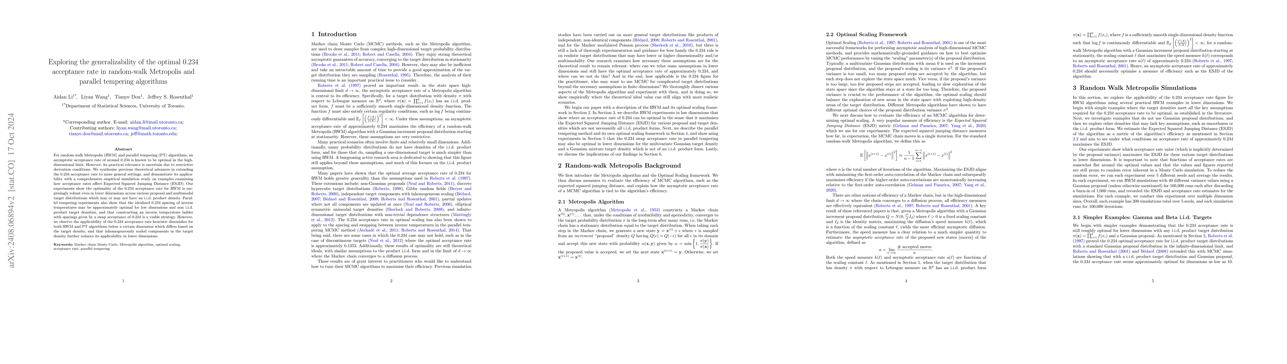 Thumbnail for Exploring the generalizability of the optimal 0.234 acceptance rate in
  random-walk Metropolis and parallel tempering algorithms