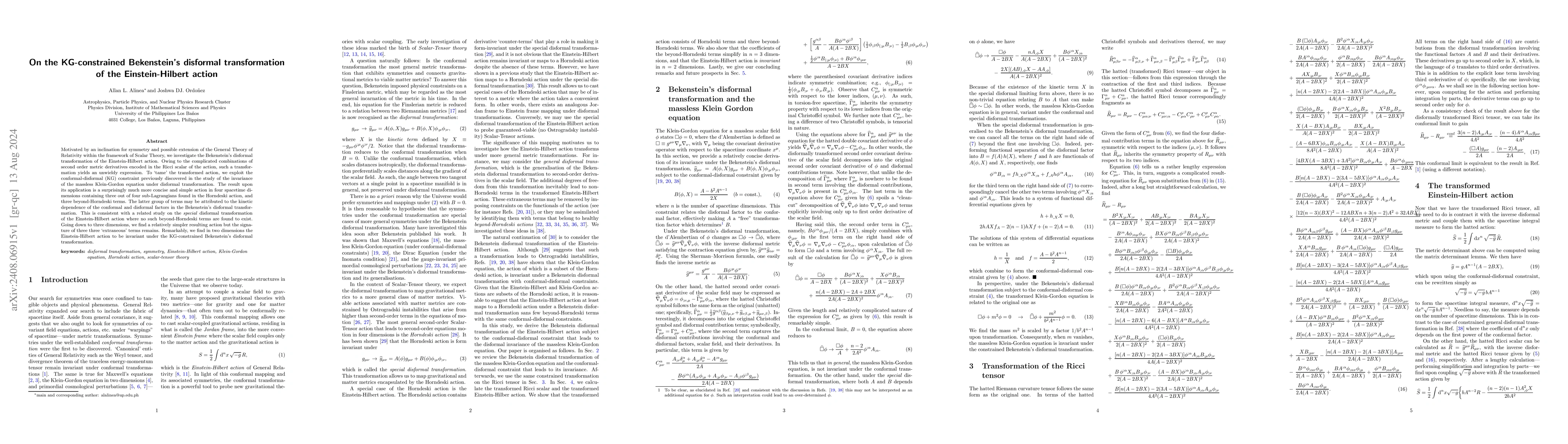 Thumbnail for On the KG-constrained Bekenstein's disformal transformation of the
  Einstein-Hilbert action