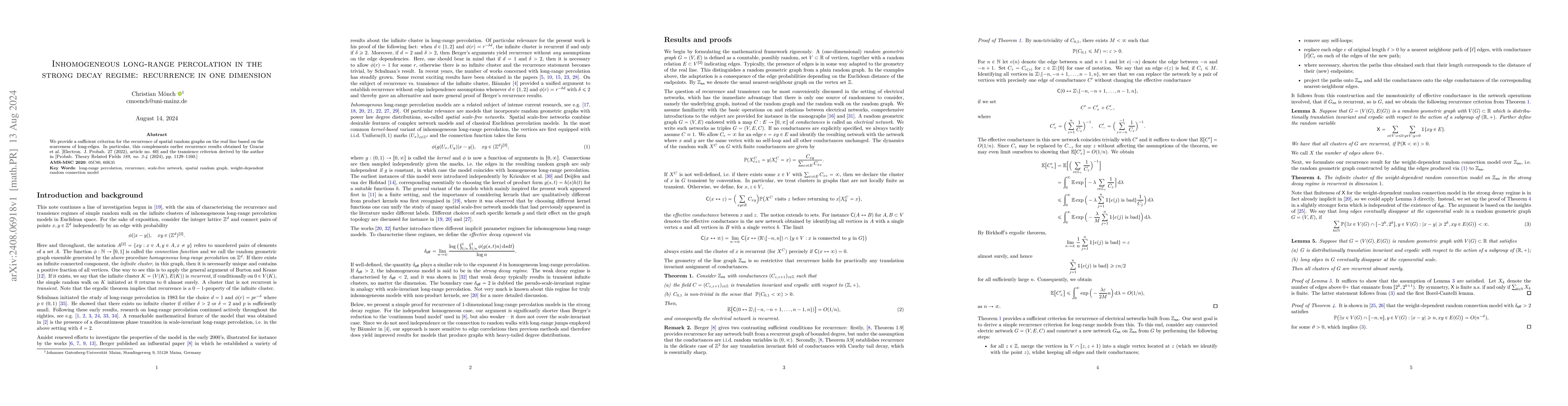 Thumbnail for Inhomogeneous long-range percolation in the strong decay regime:
  recurrence in one dimension