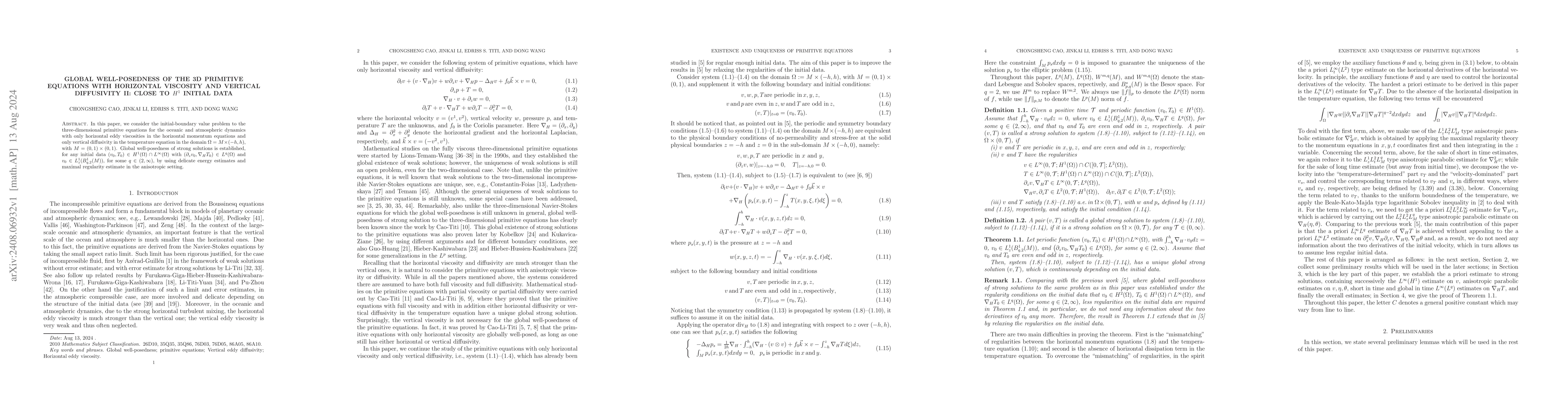 Thumbnail for Global well-posedness of the 3D primitive equations with horizontal
  viscosity and vertical diffusivity II: close to $H^1$ initial data