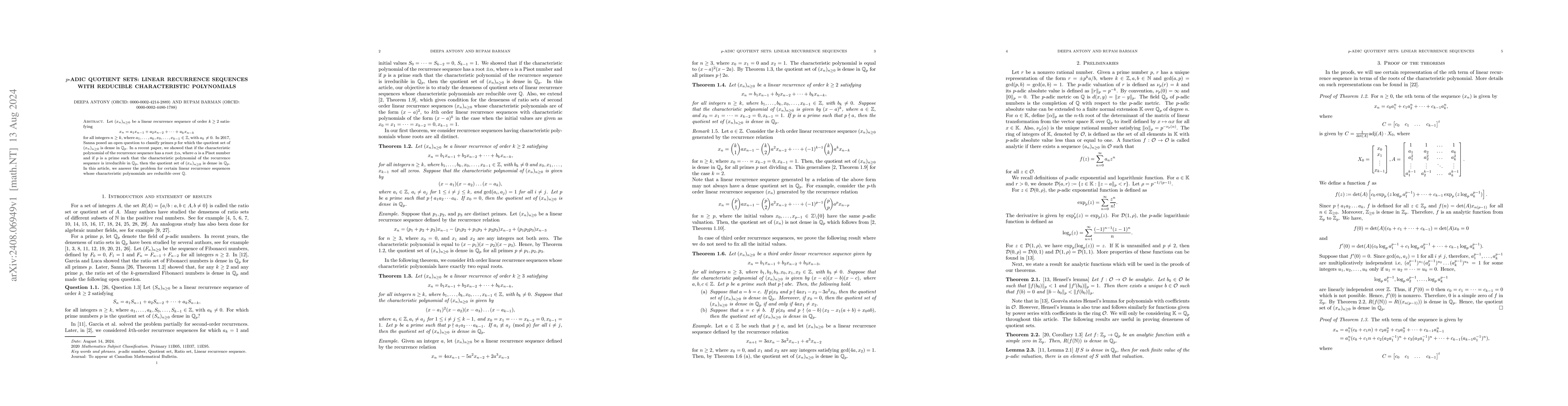 Thumbnail for $p$-Adic quotient sets: linear recurrence sequences with reducible
  characteristic polynomials