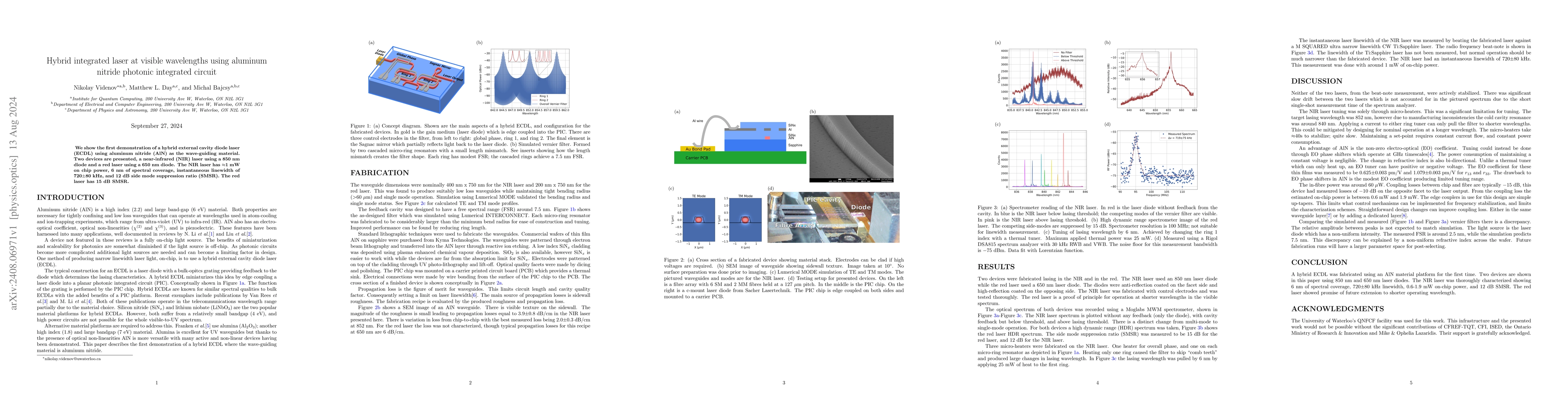 Thumbnail for Hybrid integrated laser at visible wavelengths using aluminum nitride
  photonic integrated circuit