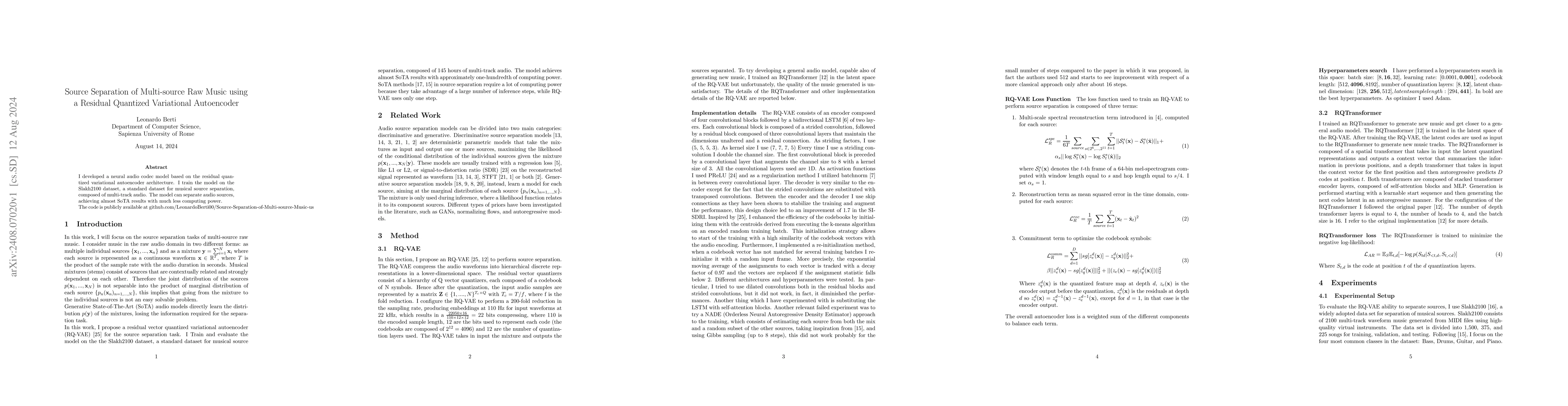 Thumbnail for Source Separation of Multi-source Raw Music using a Residual Quantized
  Variational Autoencoder