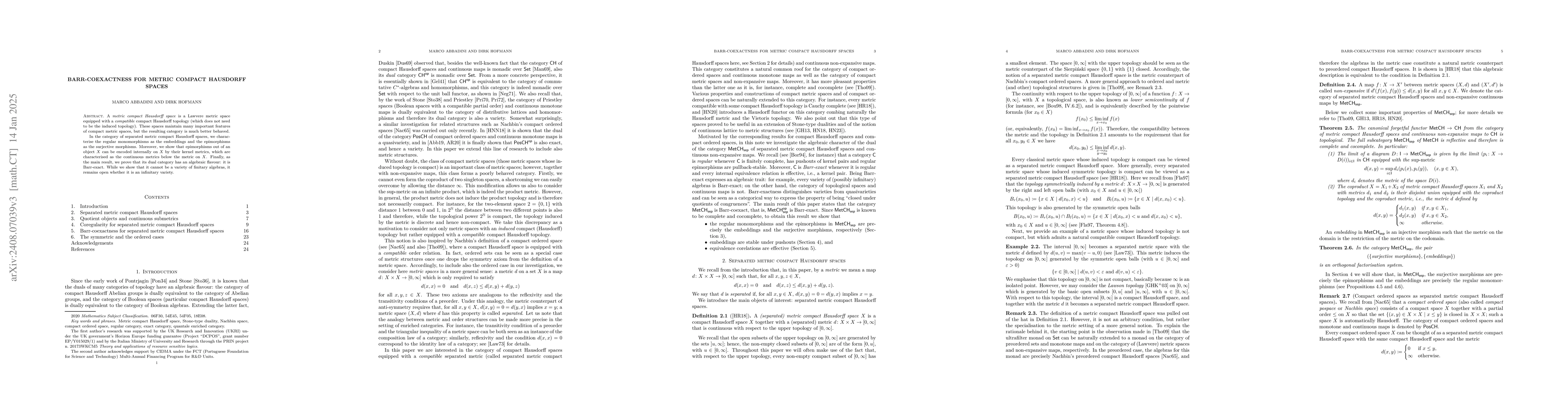 Thumbnail for Barr-coexactness for metric compact Hausdorff spaces