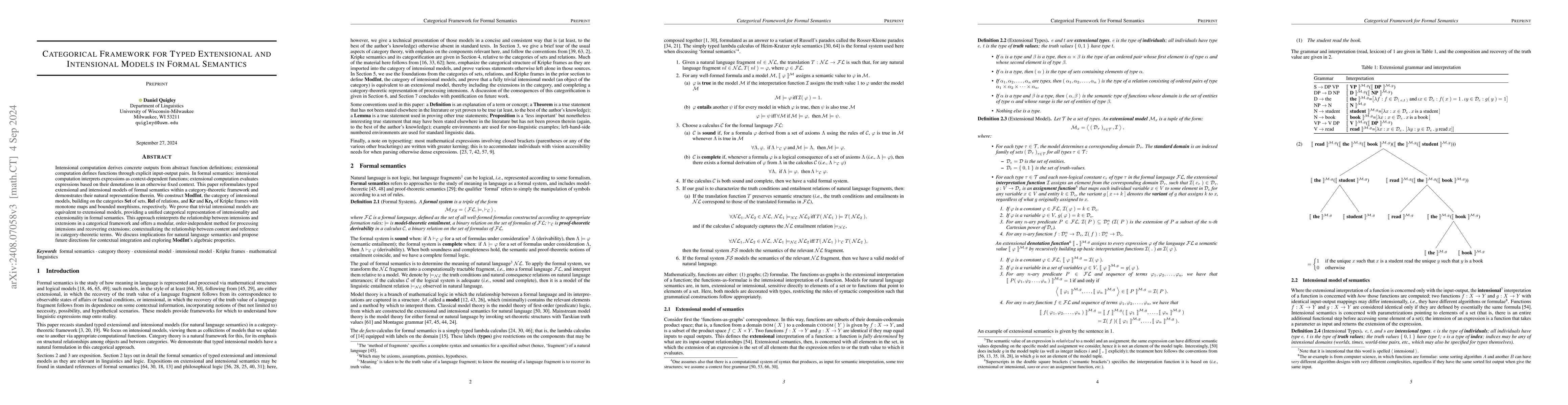 Thumbnail for Categorical Framework for Typed Extensional and Intensional Models in
  Formal Semantics