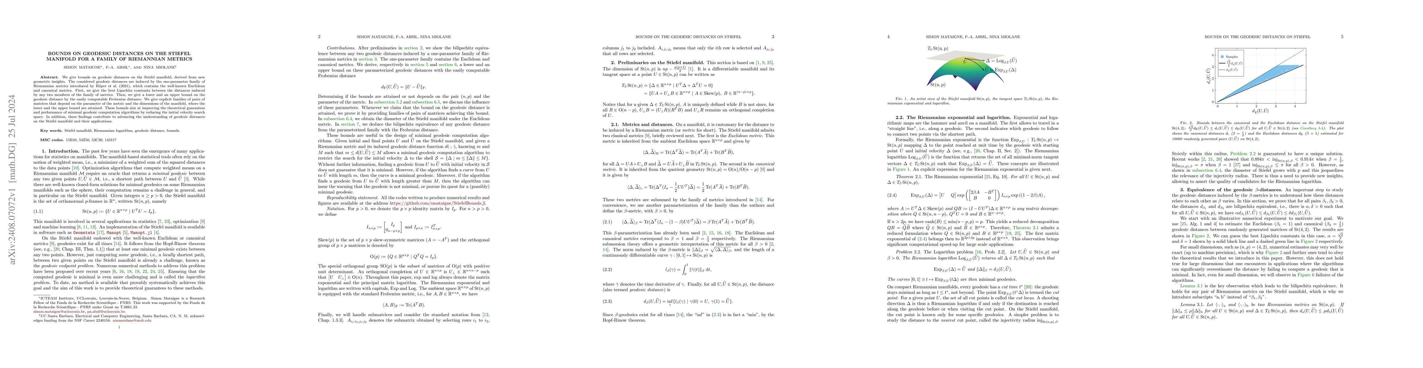 Thumbnail for Bounds on the geodesic distances on the Stiefel manifold for a family of
  Riemannian metrics
