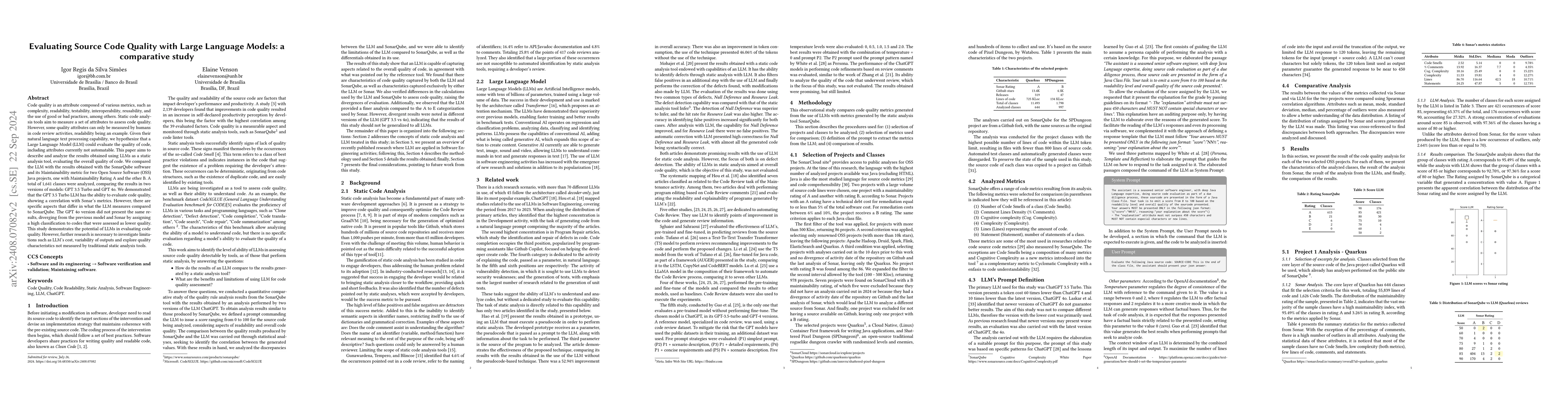 Thumbnail for Evaluating Source Code Quality with Large Language Models: a comparative
  study