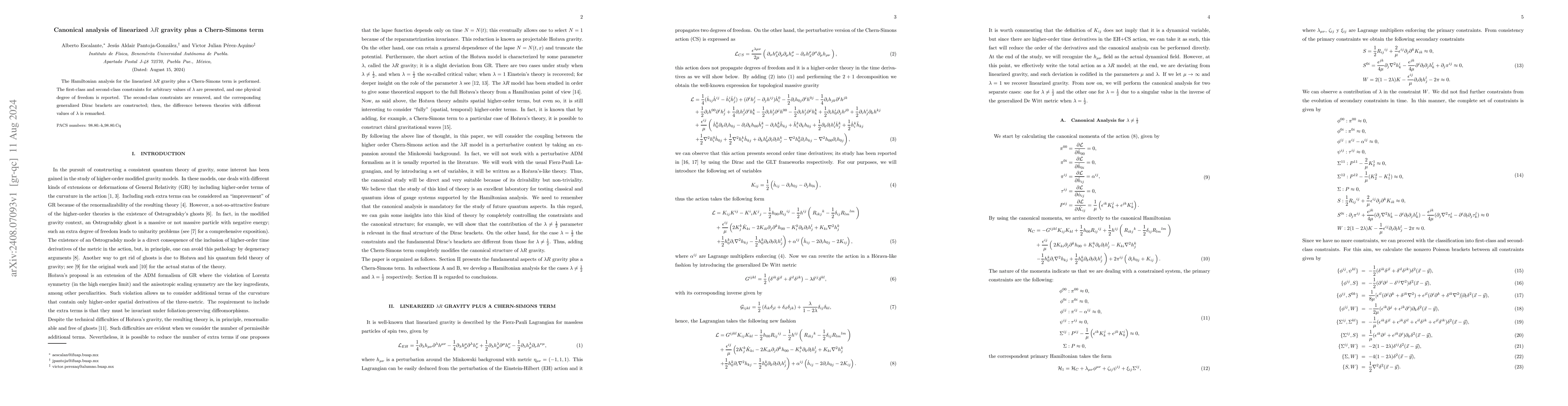 Thumbnail for Canonical analysis of linearized $λR$ gravity plus a Chern-Simons
  term