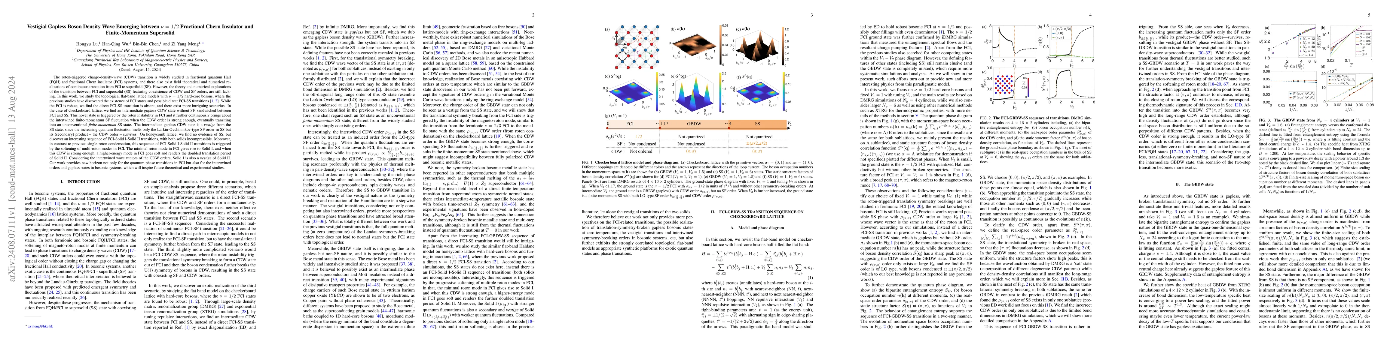 Thumbnail for Vestigial Gapless Boson Density Wave Emerging between $ν= 1/2$
  Fractional Chern Insulator and Finite-Momentum Supersolid