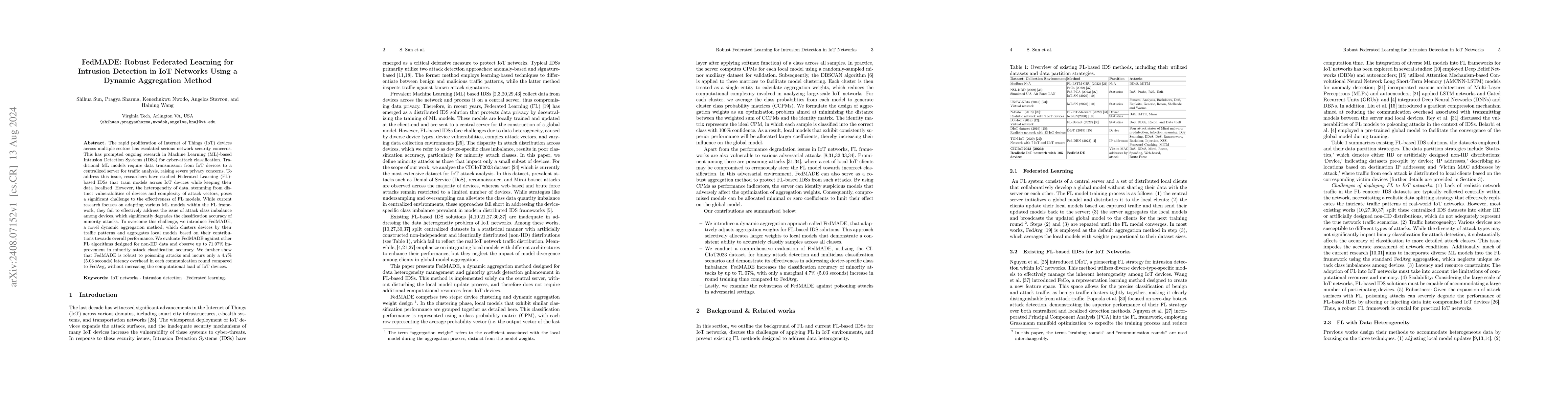 Thumbnail for FedMADE: Robust Federated Learning for Intrusion Detection in IoT
  Networks Using a Dynamic Aggregation Method